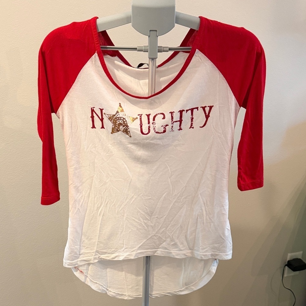 Judith March “Naughty” Red and White Baseball Tee